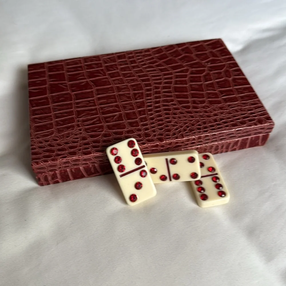 Z Gallerie Elegant Red Crystal Domino Set in crocodile print case.